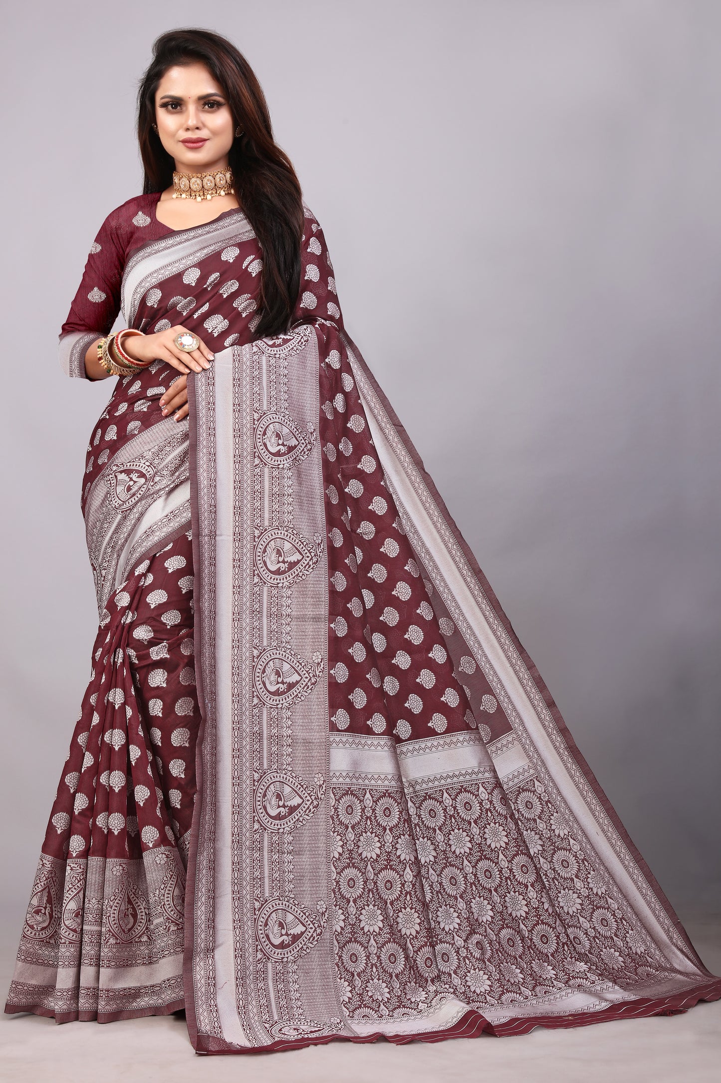 Delightful Exclusive Attractive Designer Bollywood Saree For Women Soft Lichi Silk saree with Rich Pallu & Meenakari with Weaving Border ( Rapair Buta - Brown )