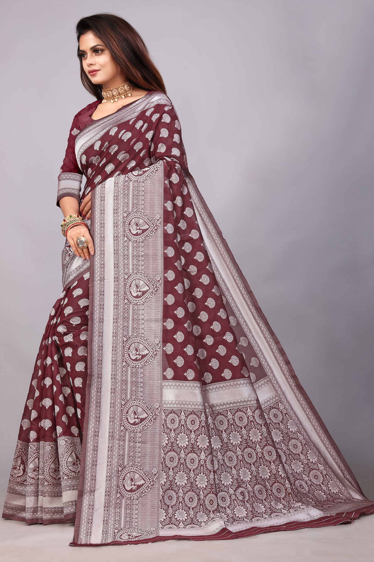 Delightful Exclusive Attractive Designer Bollywood Saree For Women Soft Lichi Silk saree with Rich Pallu & Meenakari with Weaving Border ( Rapair Buta - Brown )