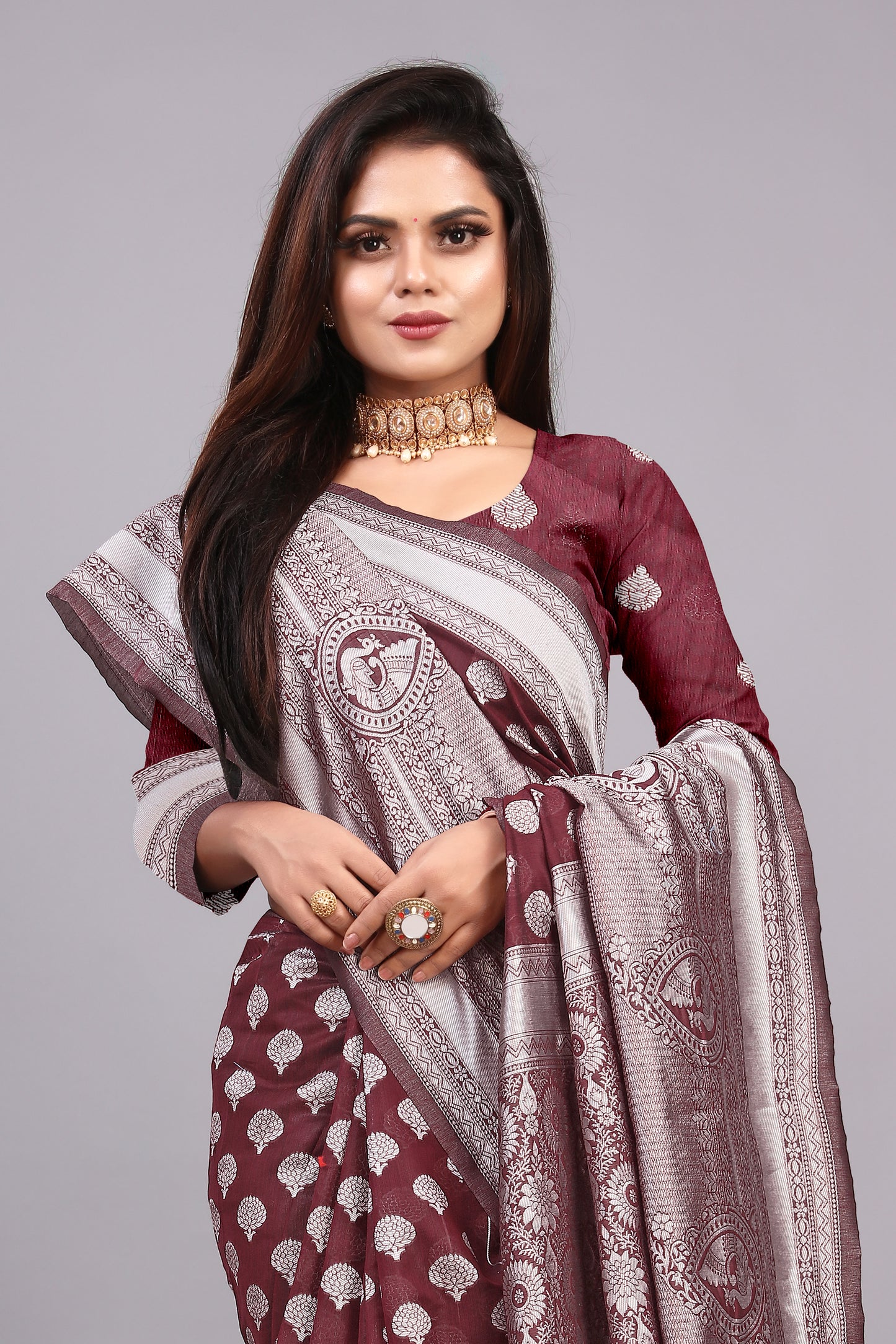 Delightful Exclusive Attractive Designer Bollywood Saree For Women Soft Lichi Silk saree with Rich Pallu & Meenakari with Weaving Border ( Rapair Buta - Brown )