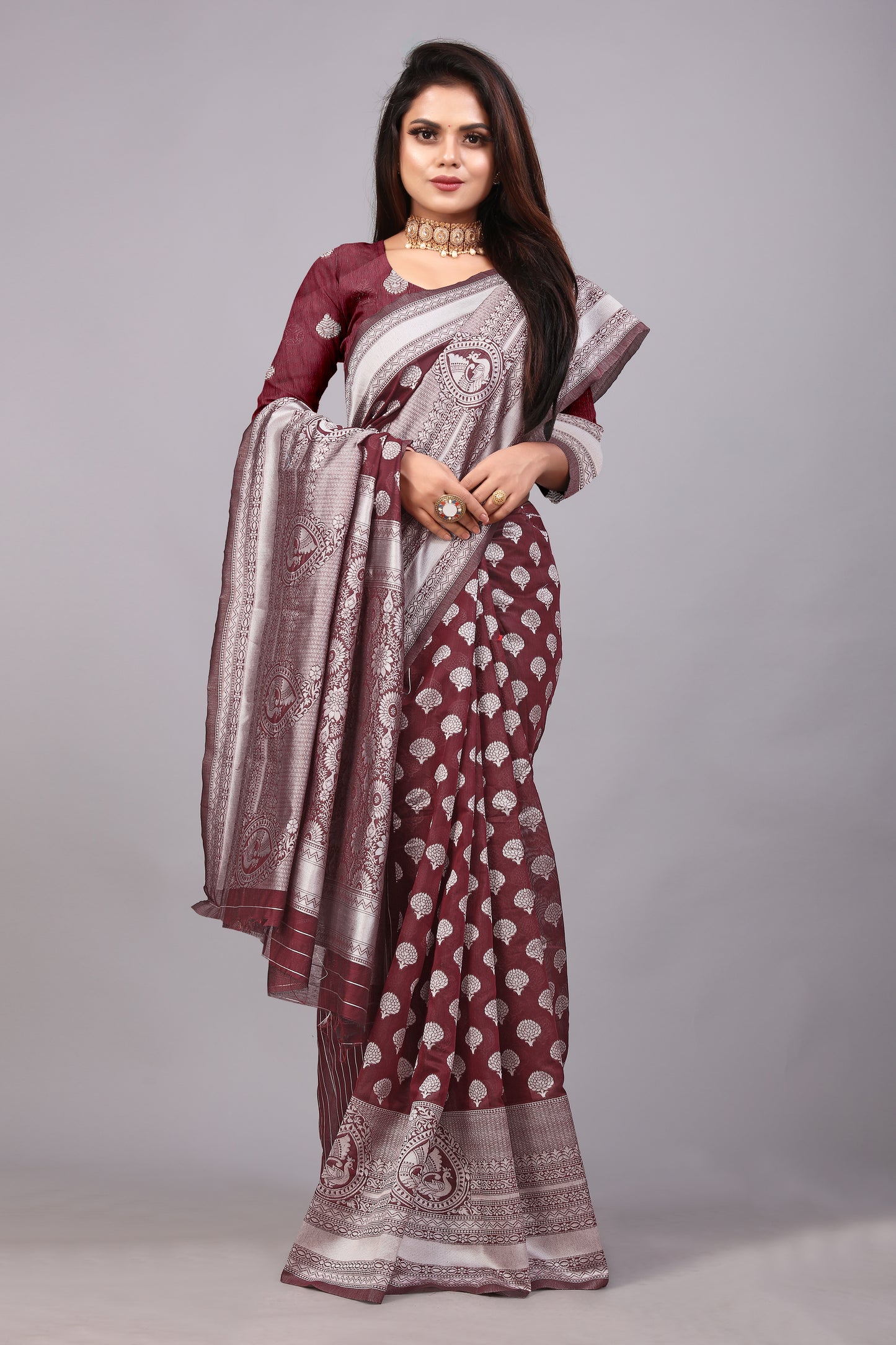 Delightful Exclusive Attractive Designer Bollywood Saree For Women Soft Lichi Silk saree with Rich Pallu & Meenakari with Weaving Border ( Rapair Buta - Brown )