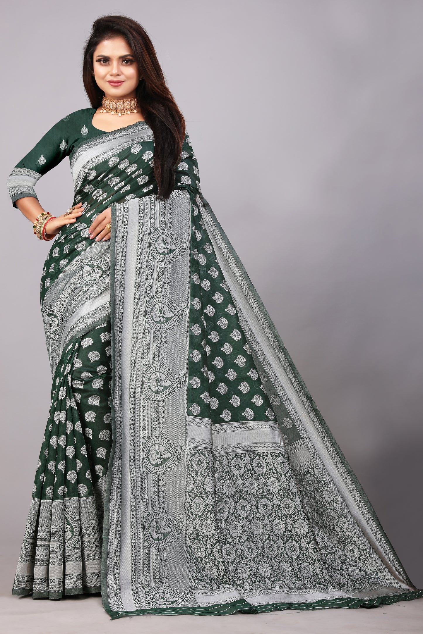 Delightful Exclusive Attractive Designer Bollywood Saree For Women Soft Lichi Silk saree with Rich Pallu & Meenakari with Weaving Border ( Rapair Buta - Dark Green )