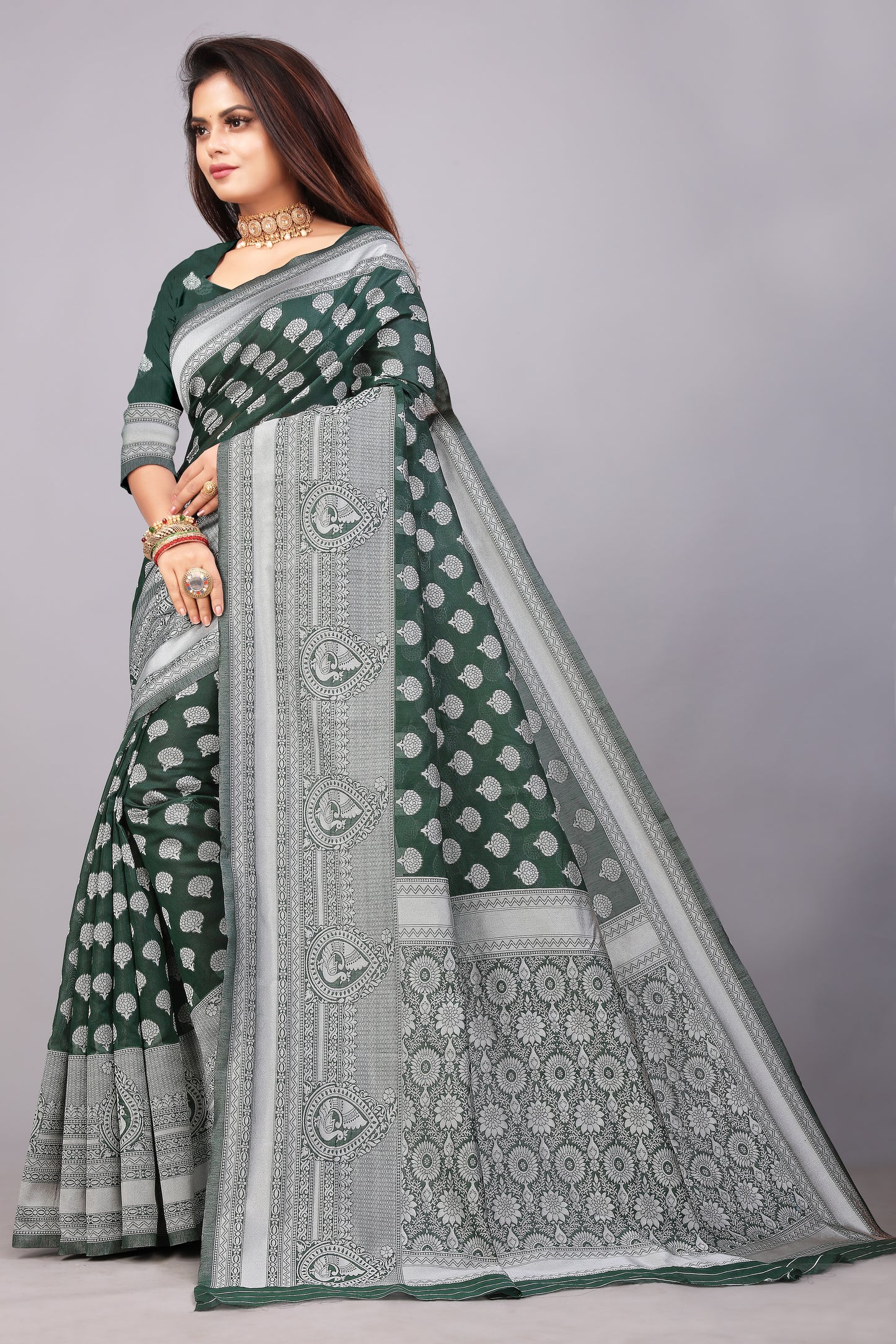 Delightful Exclusive Attractive Designer Bollywood Saree For Women Soft Lichi Silk saree with Rich Pallu & Meenakari with Weaving Border ( Rapair Buta - Dark Green )