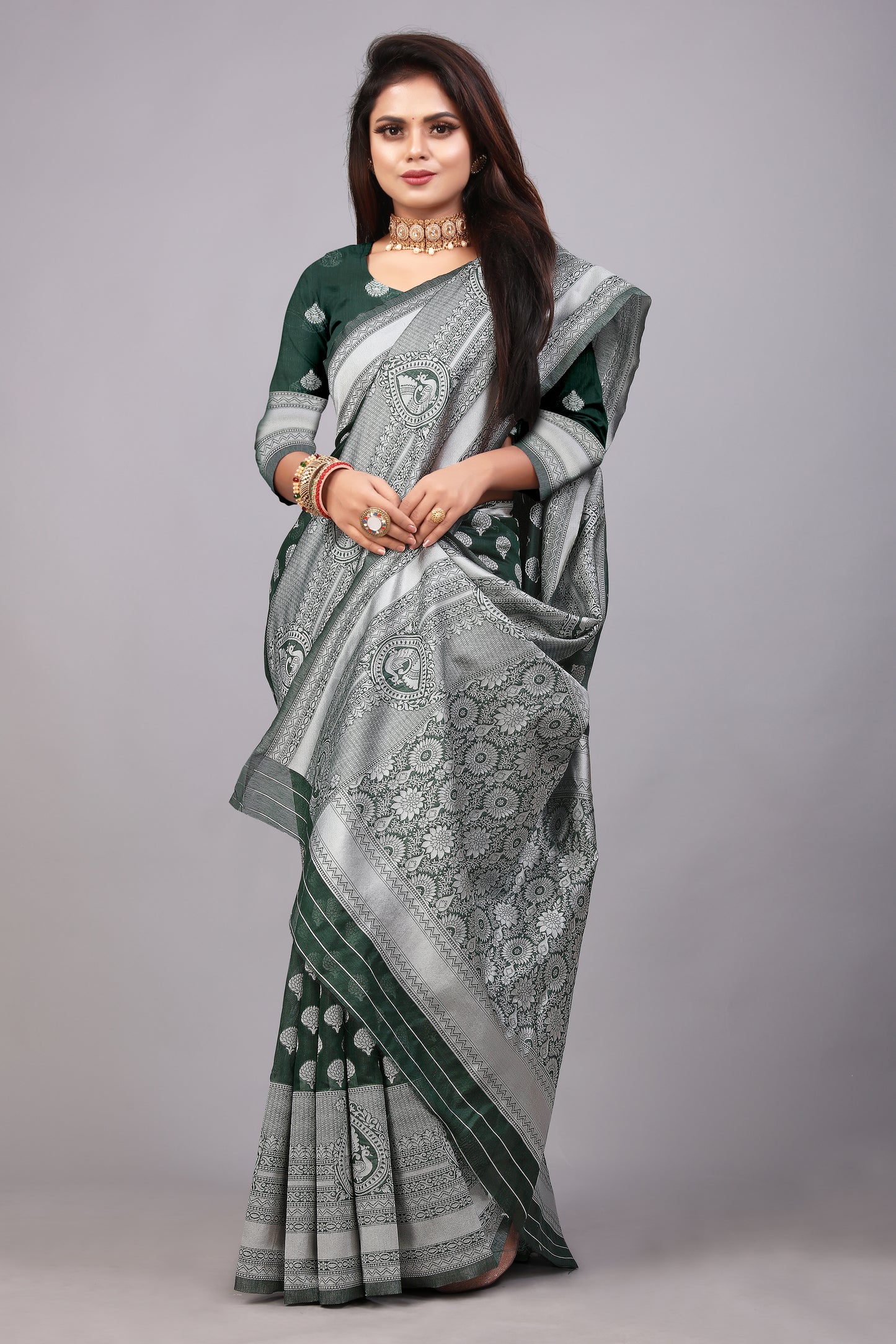Delightful Exclusive Attractive Designer Bollywood Saree For Women Soft Lichi Silk saree with Rich Pallu & Meenakari with Weaving Border ( Rapair Buta - Dark Green )
