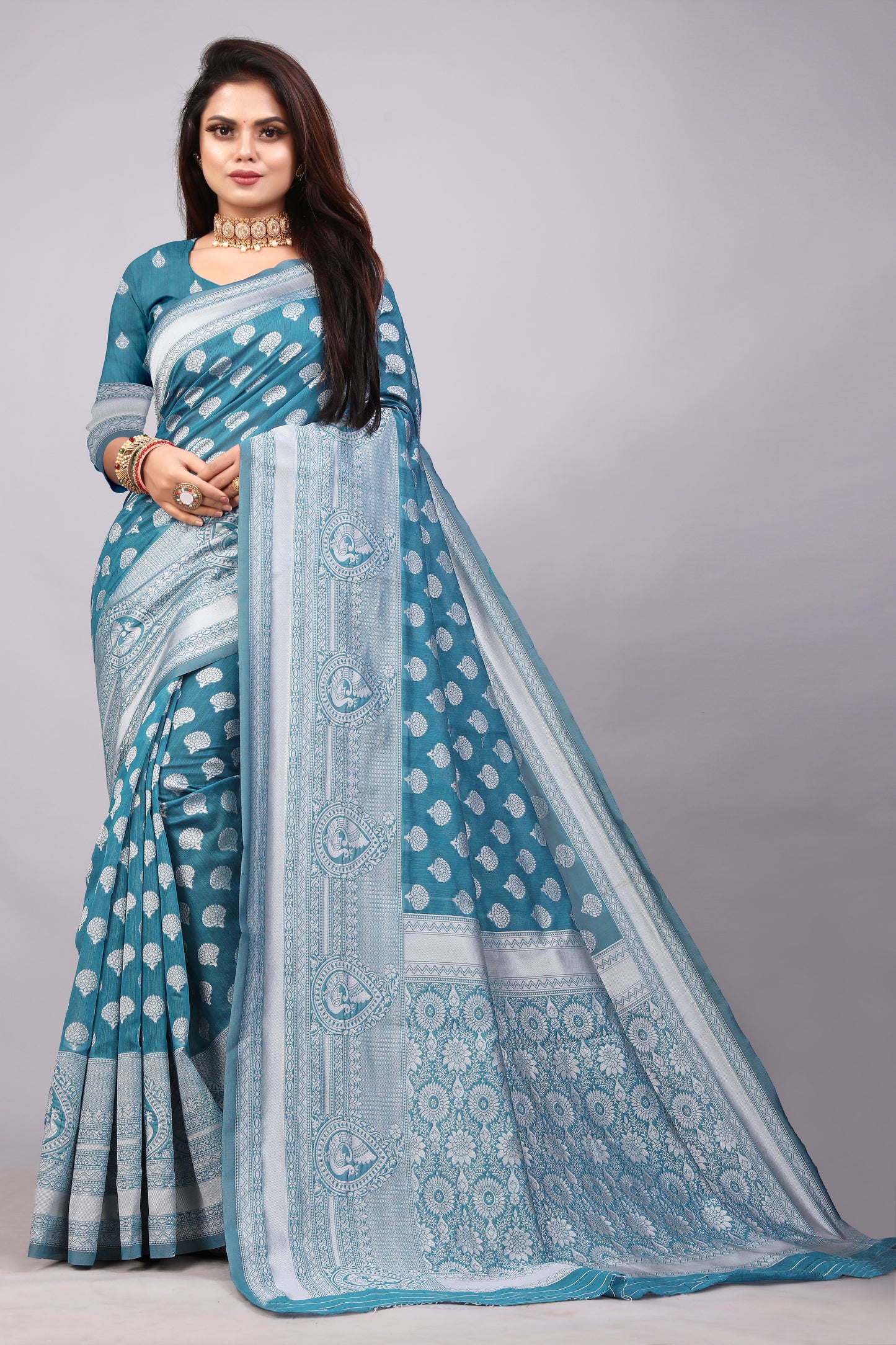 Delightful Exclusive Attractive Designer Bollywood Saree For Women Soft Lichi Silk saree with Rich Pallu & Meenakari with Weaving Border ( Rapair Buta - Light Blue )