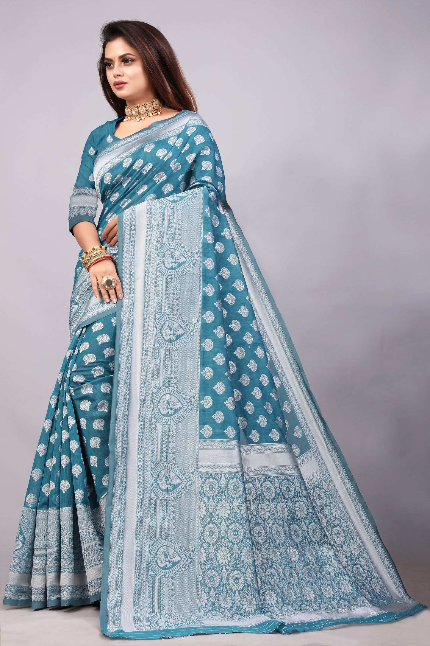 Delightful Exclusive Attractive Designer Bollywood Saree For Women Soft Lichi Silk saree with Rich Pallu & Meenakari with Weaving Border ( Rapair Buta - Light Blue )