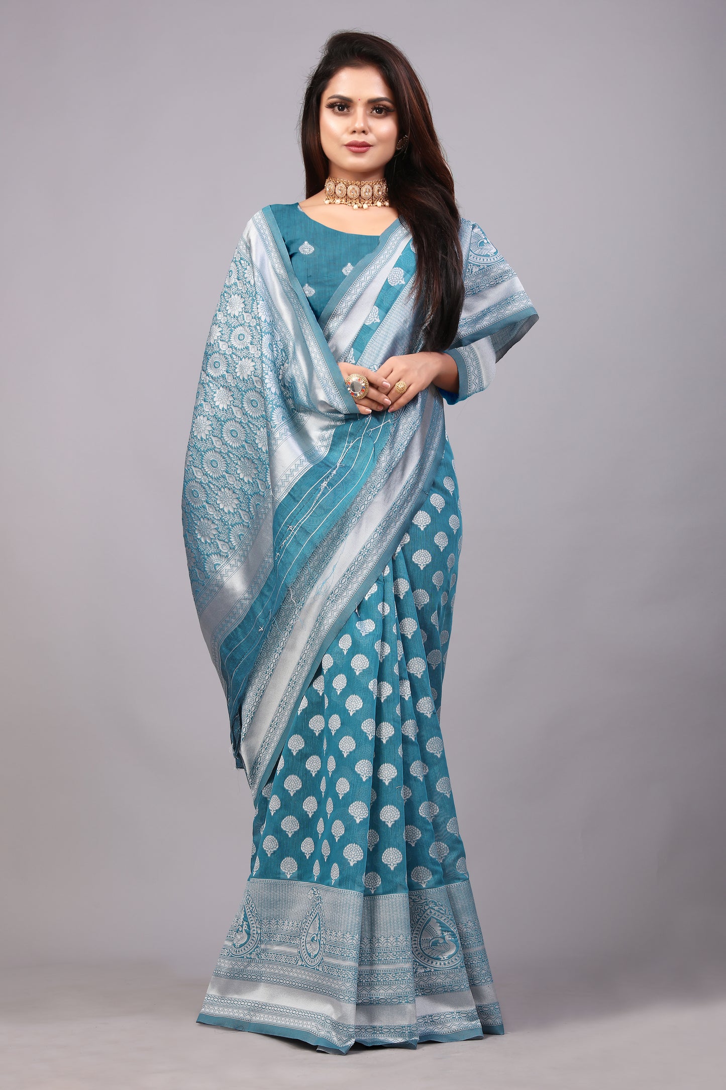 Delightful Exclusive Attractive Designer Bollywood Saree For Women Soft Lichi Silk saree with Rich Pallu & Meenakari with Weaving Border ( Rapair Buta - Light Blue )