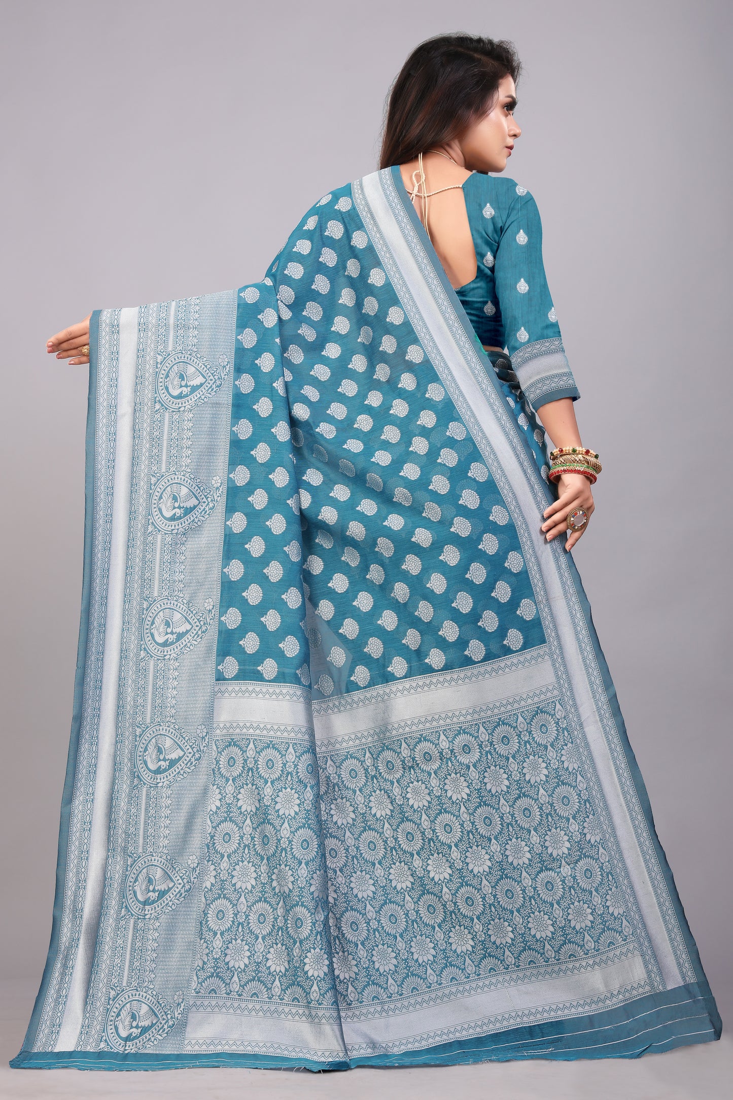 Delightful Exclusive Attractive Designer Bollywood Saree For Women Soft Lichi Silk saree with Rich Pallu & Meenakari with Weaving Border ( Rapair Buta - Light Blue )