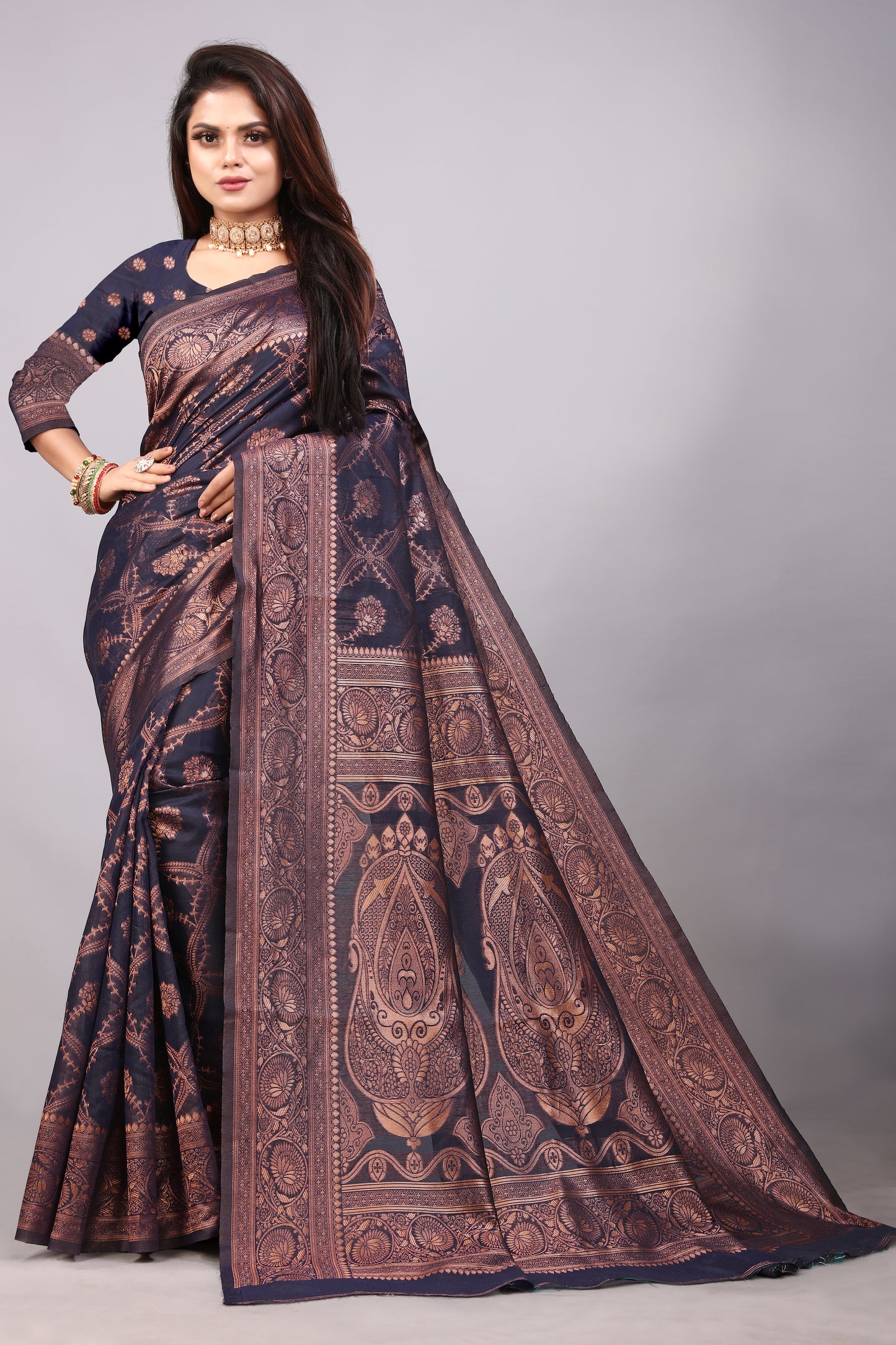 Delightful Exclusive Attractive Designer Bollywood Saree For Women Soft Lichi Silk saree with Rich Pallu & Meenakari with Weaving Border ( Rapair Leriya 02 - Nevy Blue )