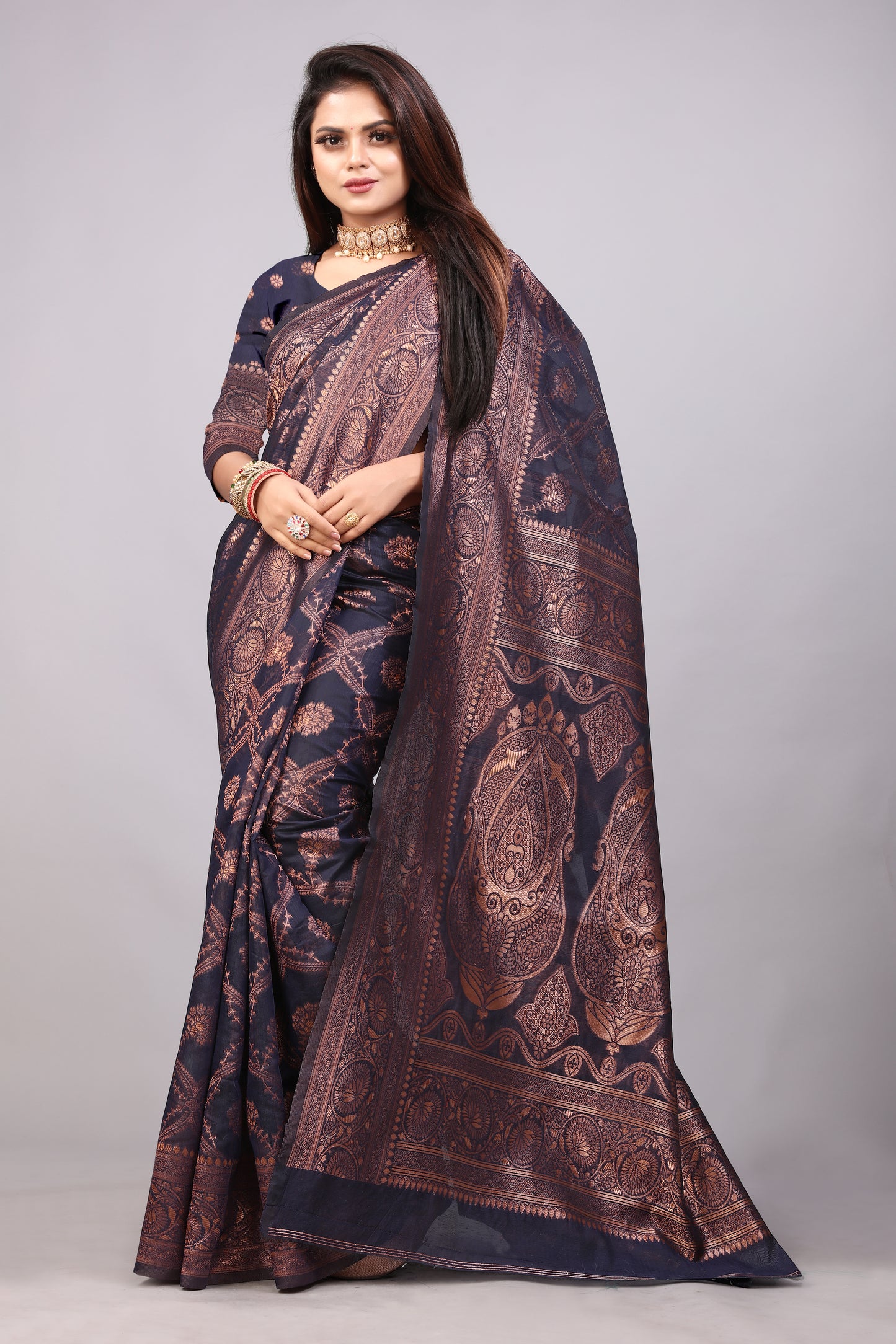 Delightful Exclusive Attractive Designer Bollywood Saree For Women Soft Lichi Silk saree with Rich Pallu & Meenakari with Weaving Border ( Rapair Leriya 02 - Nevy Blue )