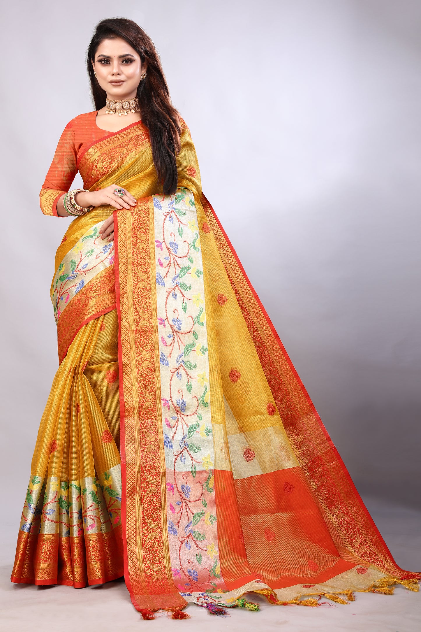 Delightful Exclusive Attractive Designer Bollywood Saree For Women Soft Lichi Silk saree with Rich Pallu & Meenakari with Weaving Border ( Gold Chaki - Orange )