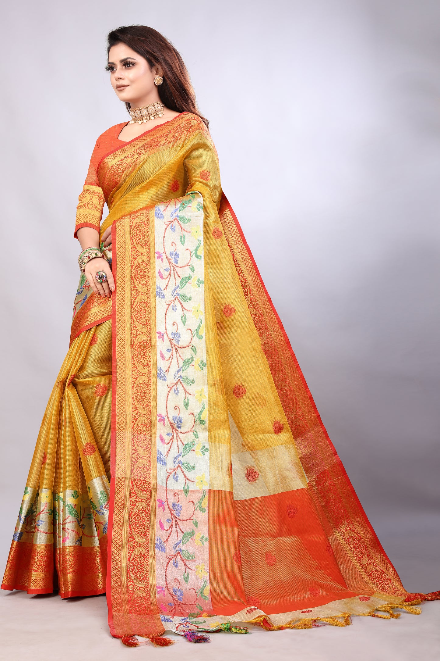 Delightful Exclusive Attractive Designer Bollywood Saree For Women Soft Lichi Silk saree with Rich Pallu & Meenakari with Weaving Border ( Gold Chaki - Orange )