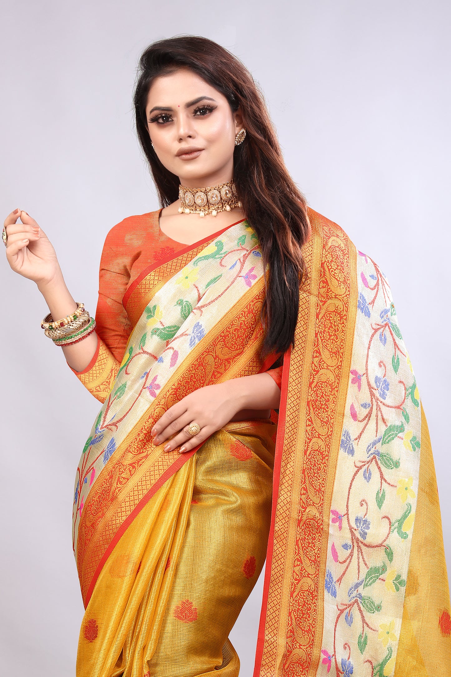 Delightful Exclusive Attractive Designer Bollywood Saree For Women Soft Lichi Silk saree with Rich Pallu & Meenakari with Weaving Border ( Gold Chaki - Orange )