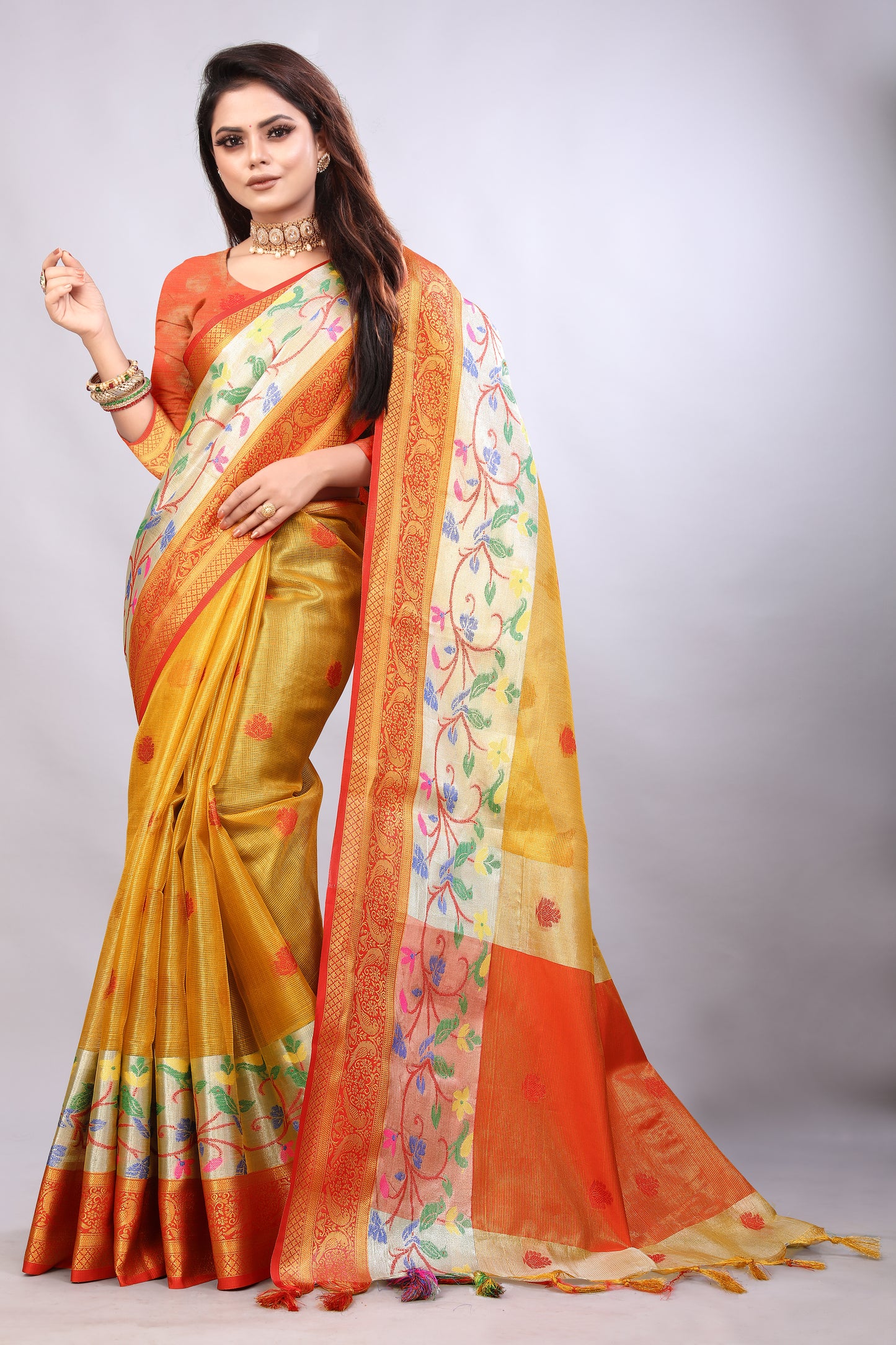 Delightful Exclusive Attractive Designer Bollywood Saree For Women Soft Lichi Silk saree with Rich Pallu & Meenakari with Weaving Border ( Gold Chaki - Orange )