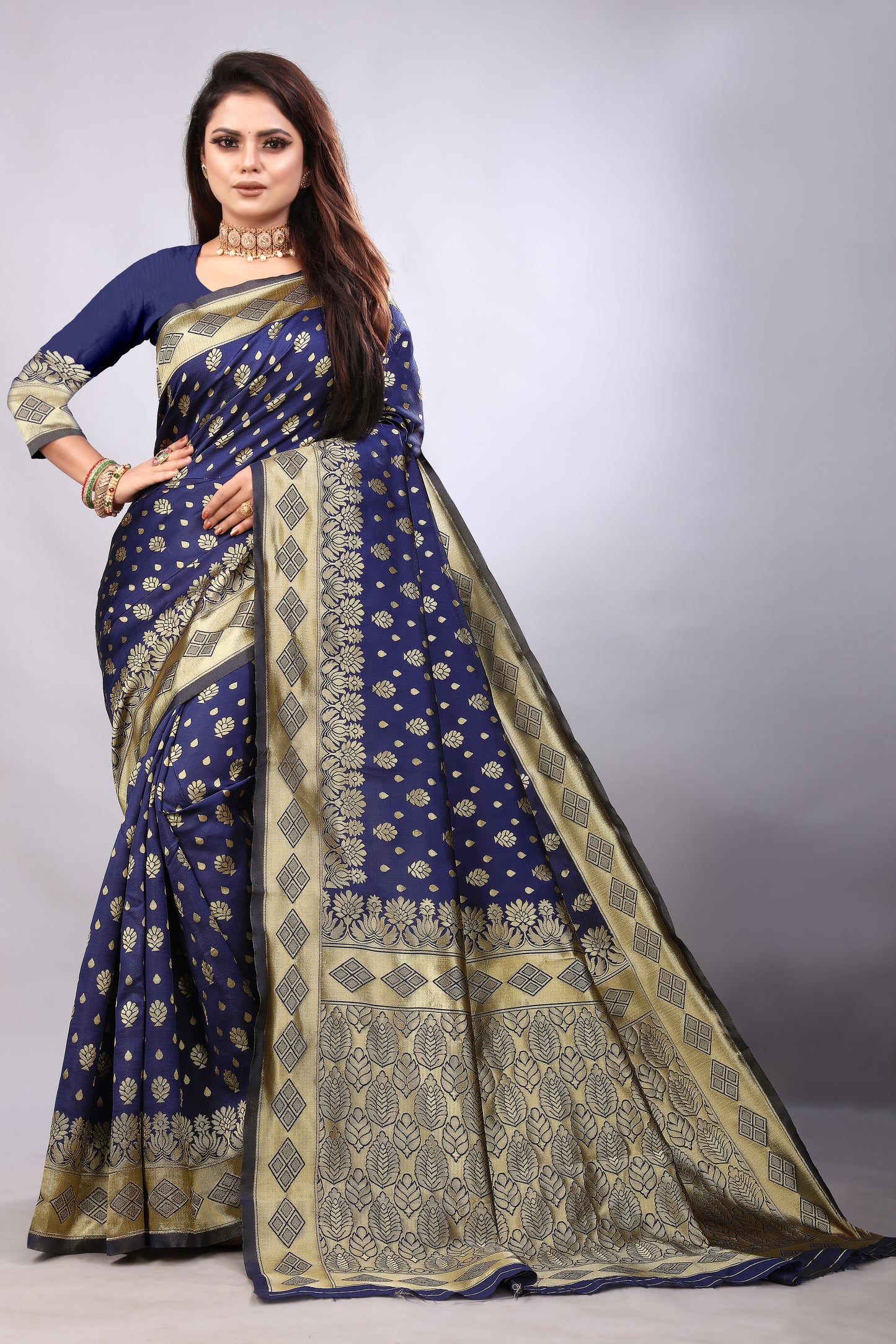 Delightful Exclusive Attractive Designer Bollywood Saree For Women Soft Lichi Silk saree with Rich Pallu & Meenakari with Weaving Border ( Gold Chaki - Blue )