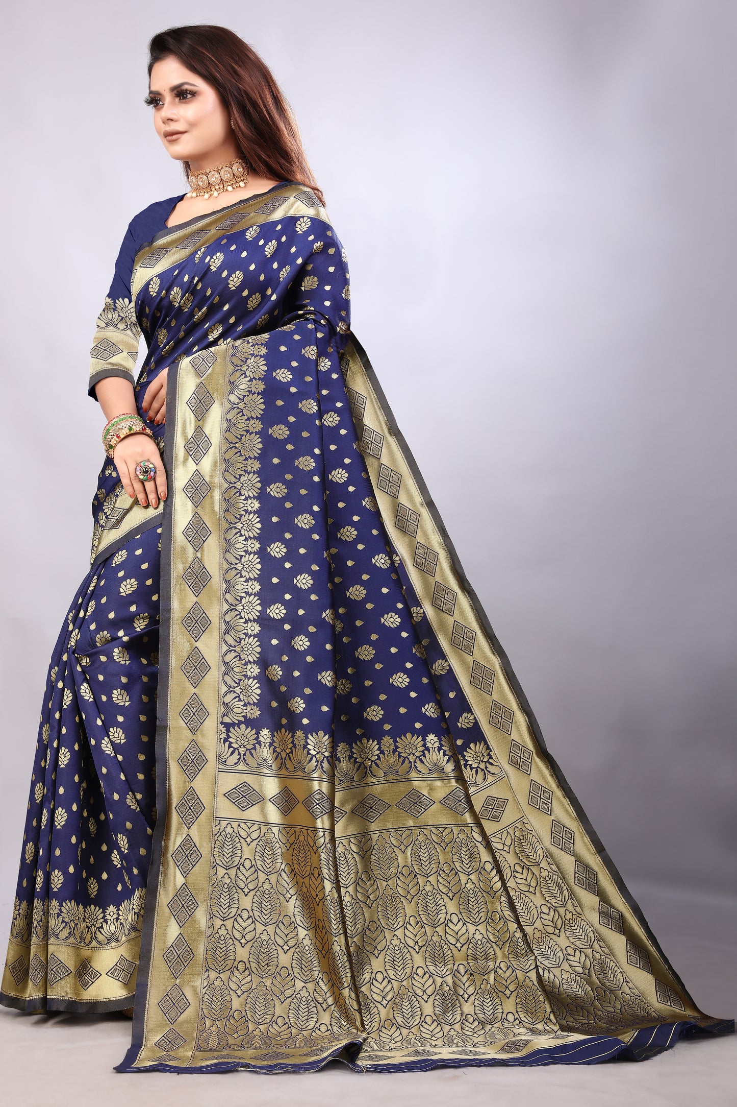 Delightful Exclusive Attractive Designer Bollywood Saree For Women Soft Lichi Silk saree with Rich Pallu & Meenakari with Weaving Border ( Gold Chaki - Blue )