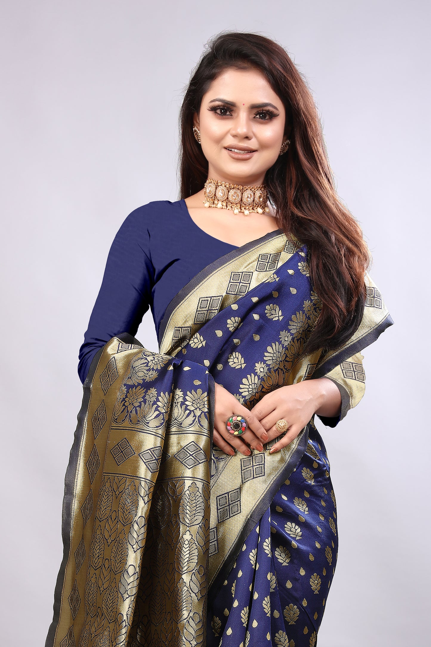 Delightful Exclusive Attractive Designer Bollywood Saree For Women Soft Lichi Silk saree with Rich Pallu & Meenakari with Weaving Border ( Gold Chaki - Blue )