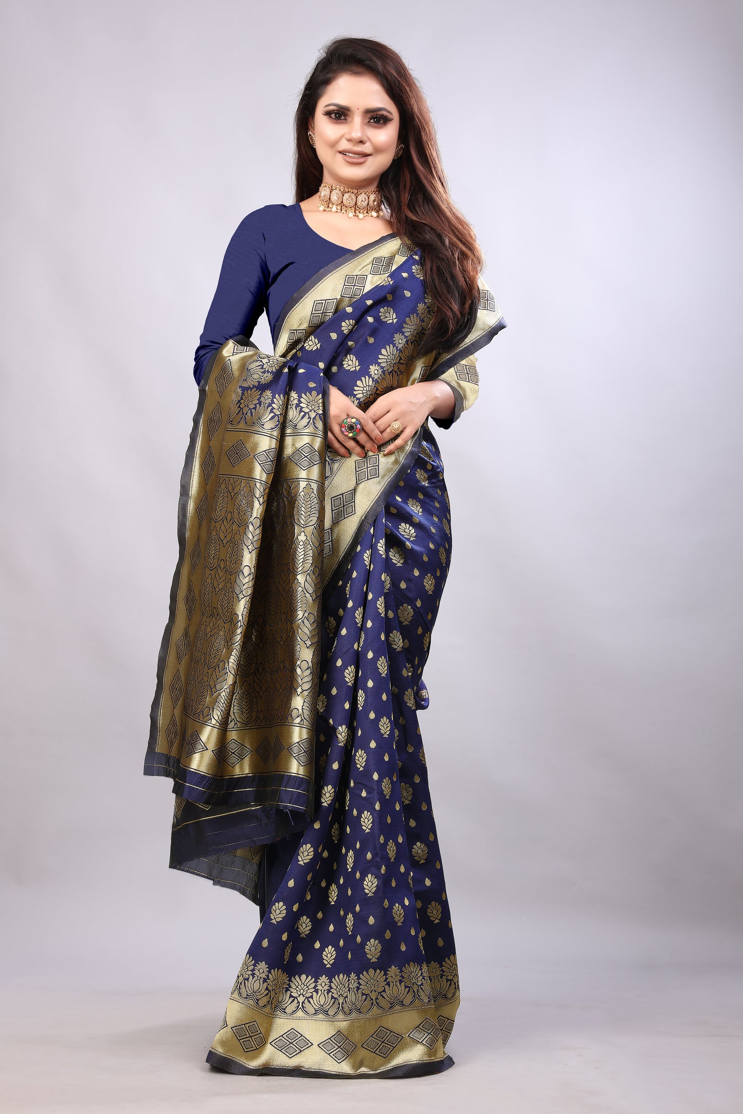 Delightful Exclusive Attractive Designer Bollywood Saree For Women Soft Lichi Silk saree with Rich Pallu & Meenakari with Weaving Border ( Gold Chaki - Blue )