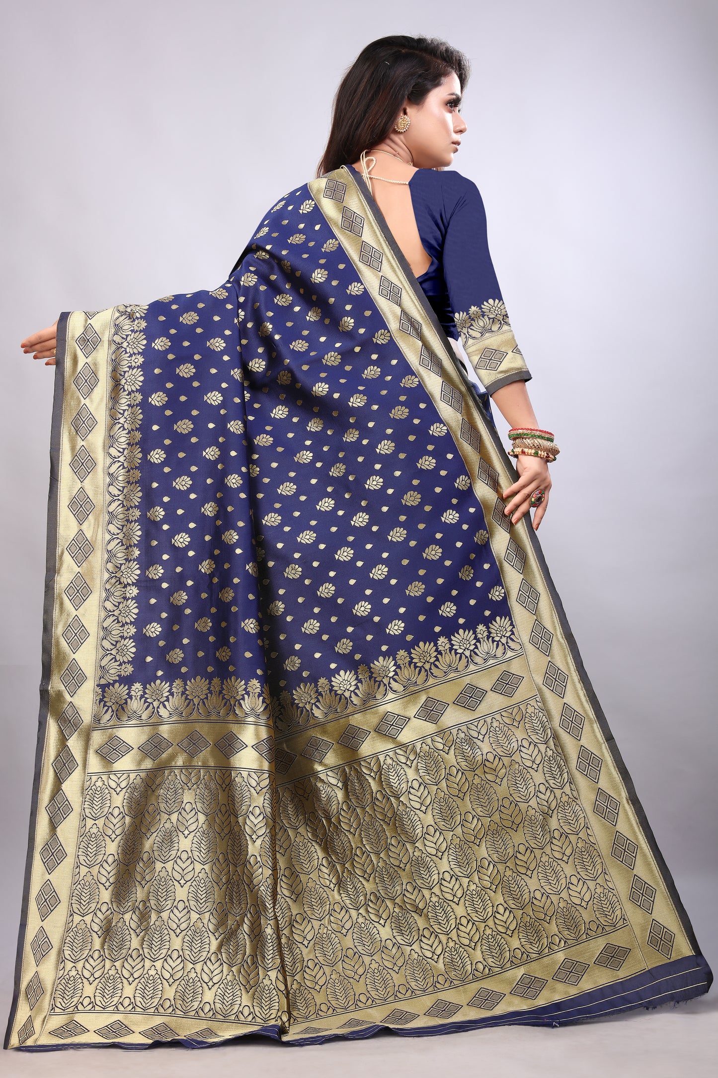 Delightful Exclusive Attractive Designer Bollywood Saree For Women Soft Lichi Silk saree with Rich Pallu & Meenakari with Weaving Border ( Gold Chaki - Blue )