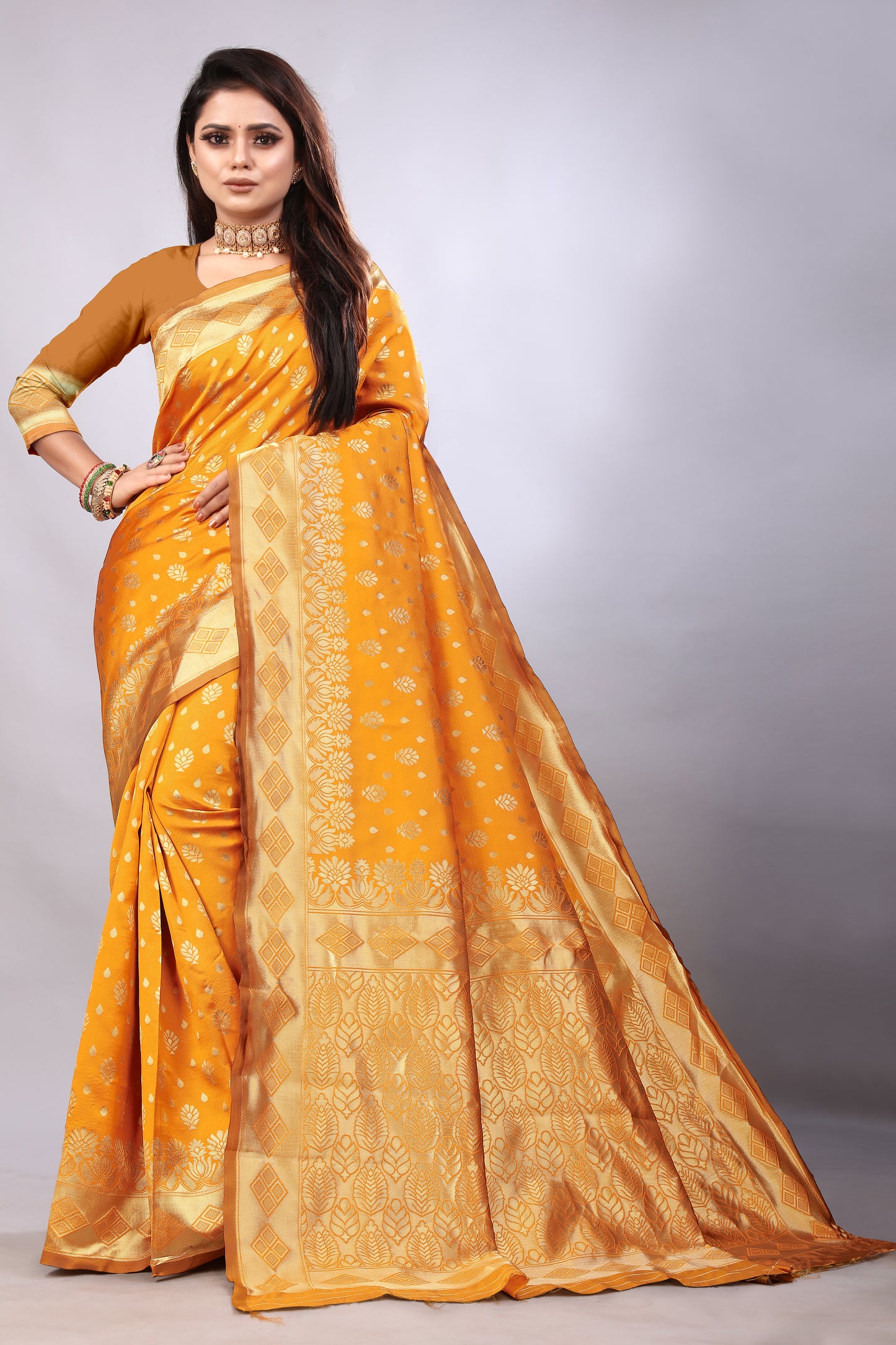 Delightful Exclusive Attractive Designer Bollywood Saree For Women Soft Lichi Silk saree with Rich Pallu & Meenakari with Weaving Border ( Gold Chaki - Orange )