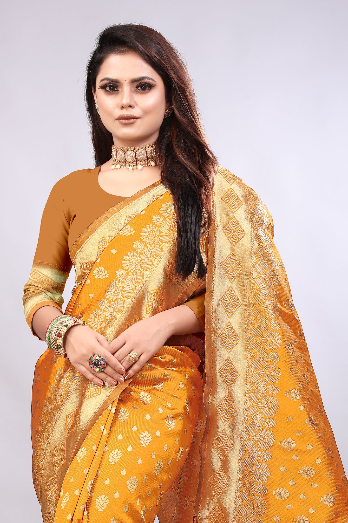 Delightful Exclusive Attractive Designer Bollywood Saree For Women Soft Lichi Silk saree with Rich Pallu & Meenakari with Weaving Border ( Gold Chaki - Orange )