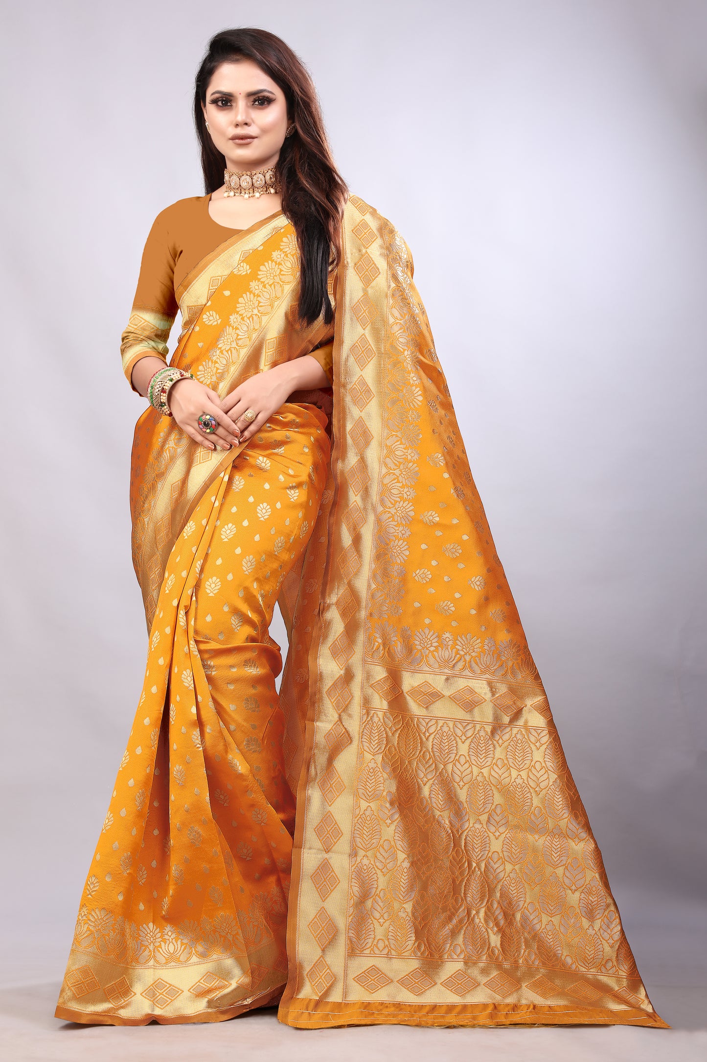 Delightful Exclusive Attractive Designer Bollywood Saree For Women Soft Lichi Silk saree with Rich Pallu & Meenakari with Weaving Border ( Gold Chaki - Orange )