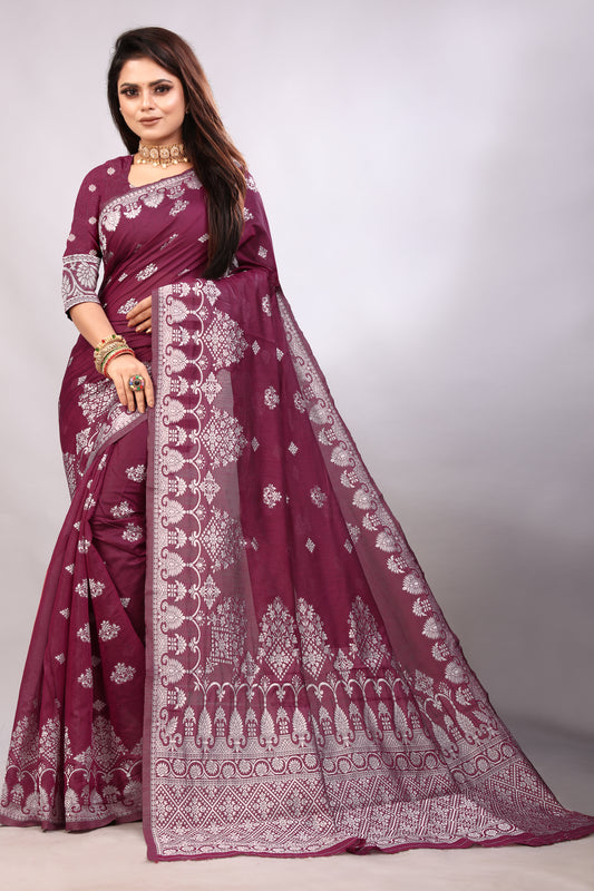 Delightful Exclusive Attractive Designer Bollywood Saree For Women Soft Lichi Silk saree with Rich Pallu & Meenakari with Weaving  Border ( Rapair Flower - Maroon )