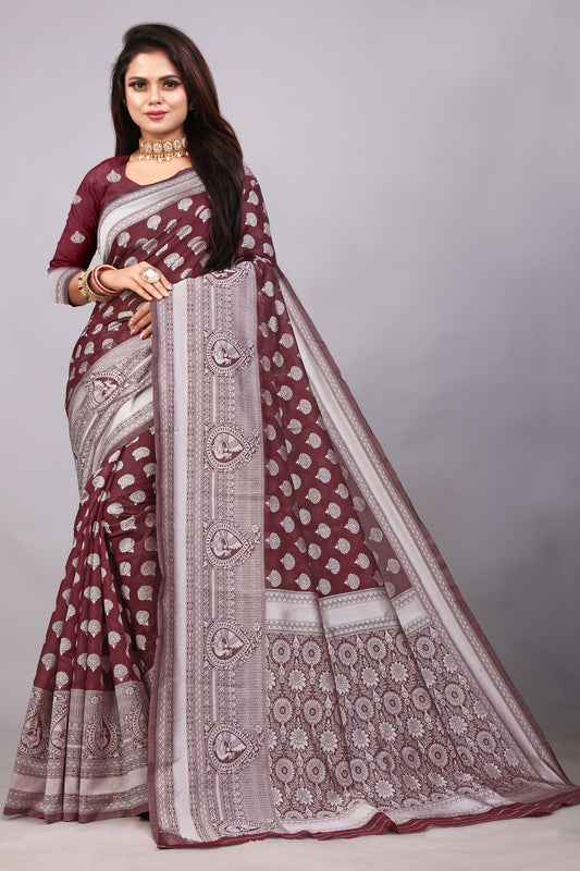 Delightful Exclusive Attractive Designer Bollywood Saree For Women Soft Lichi Silk saree with Rich Pallu & Meenakari with Weaving  Border ( Rapair Buta - Brown )