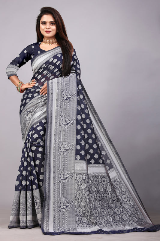 Delightful Exclusive Attractive Designer Bollywood Saree For Women Soft Lichi Silk saree with Rich Pallu & Meenakari with Weaving  Border ( Rapair Buta - Nevy Blue )