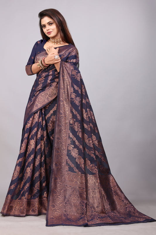Delightful Exclusive Attractive Designer Bollywood Saree For Women Soft Lichi Silk saree with Rich Pallu & Meenakari with Weaving  Border ( Rapair Leriya - Nevy Blue )