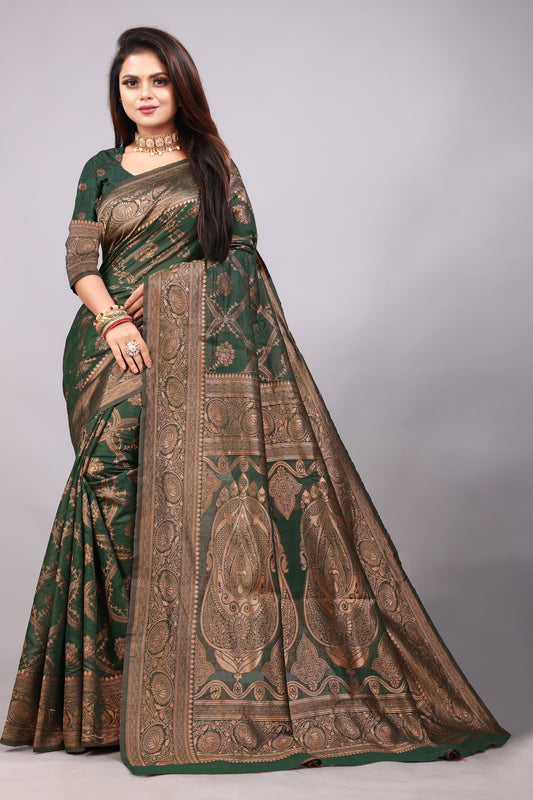 Delightful Exclusive Attractive Designer Bollywood Saree For Women Soft Lichi Silk saree with Rich Pallu & Meenakari with Weaving  Border ( Rapair Leriya 02 - Dark Green )
