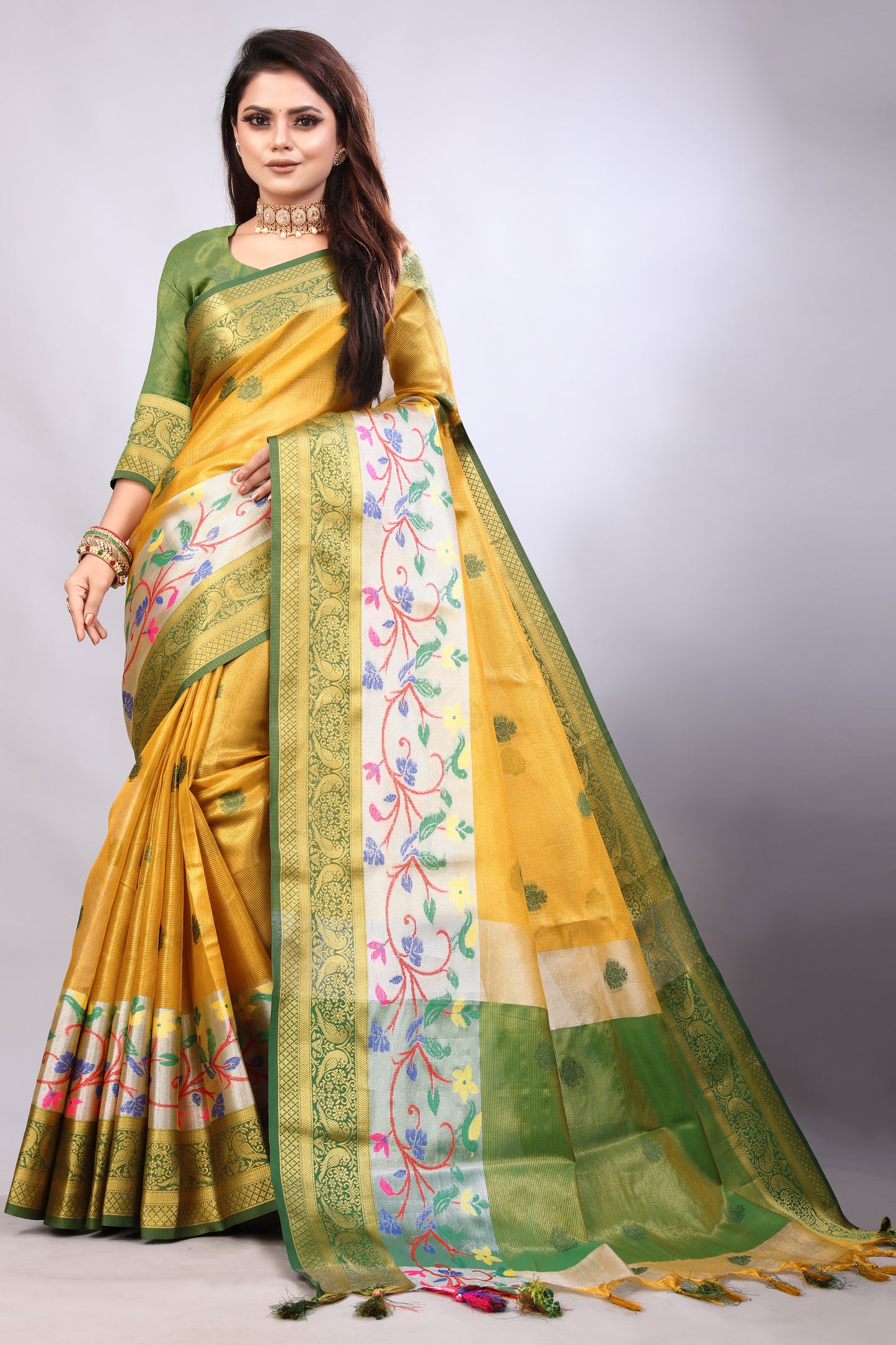 Delightful Exclusive Attractive Designer Bollywood Saree For Women Soft Lichi Silk saree with Rich Pallu & Meenakari with Weaving  Border ( Gold Chaki - Yellow )