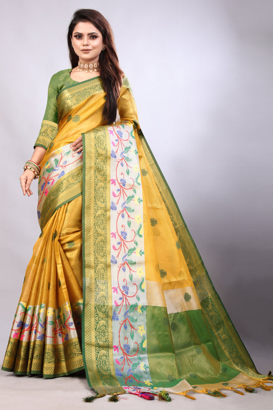 Delightful Exclusive Attractive Designer Bollywood Saree For Women Soft Lichi Silk saree with Rich Pallu & Meenakari with Weaving  Border ( Gold Chaki - Yellow )