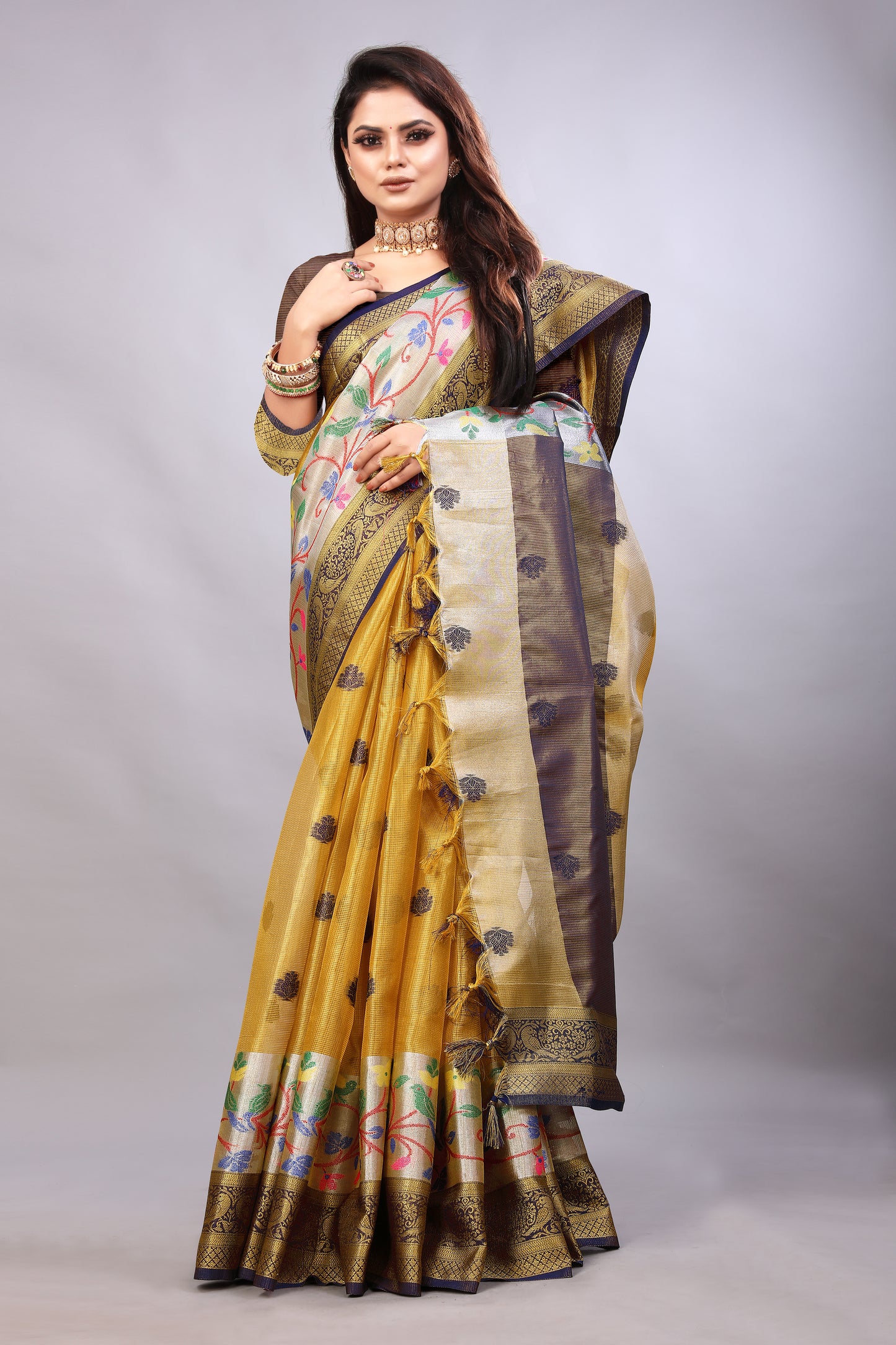 Delightful Exclusive Attractive Designer Bollywood Saree For Women Soft Lichi Silk saree with Rich Pallu & Meenakari with Weaving  Border ( Gold Chaki - Yellow )