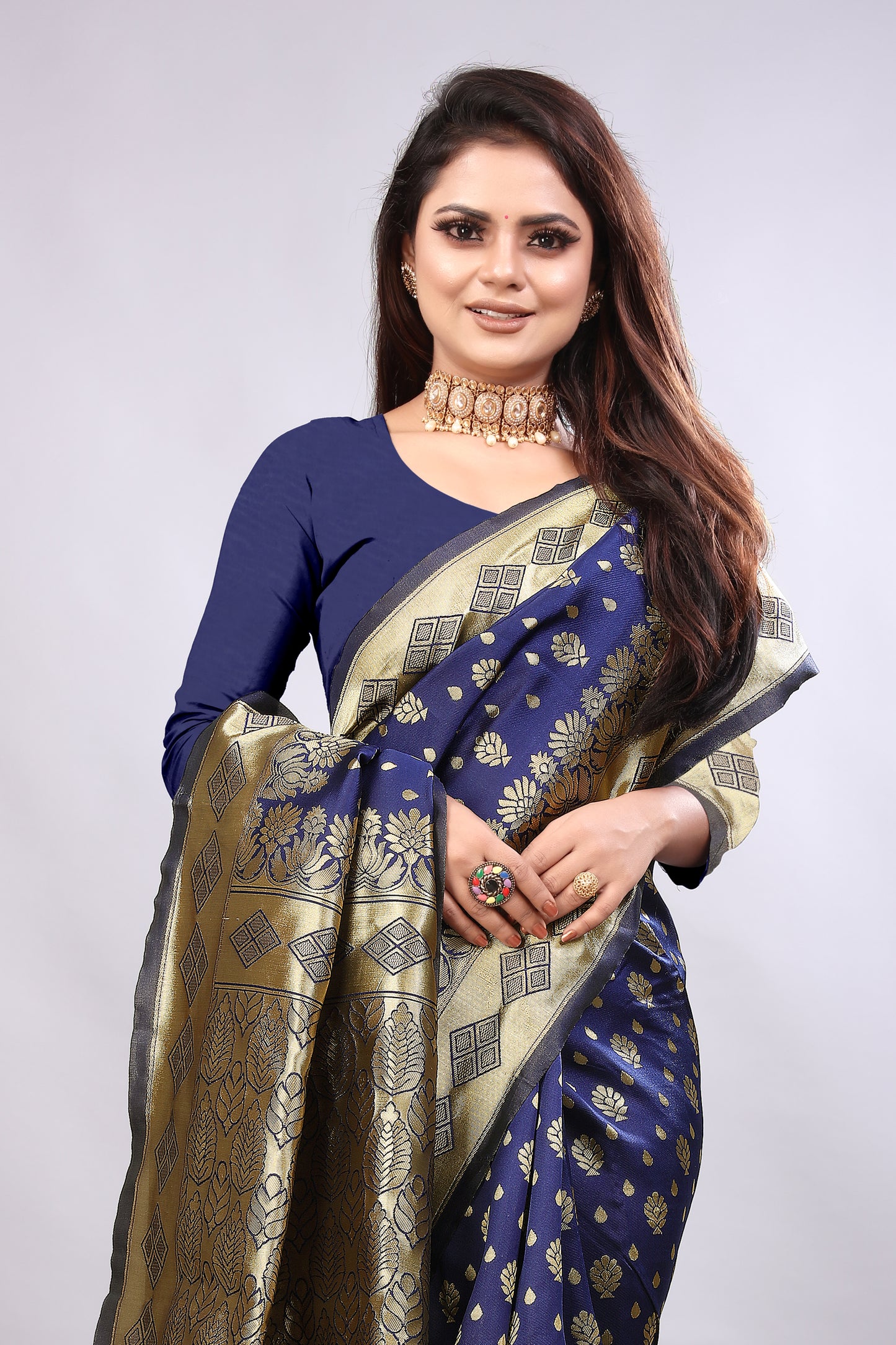 Delightful Exclusive Attractive Designer Bollywood Saree For Women Soft Lichi Silk saree with Rich Pallu & Meenakari with Weaving  Border ( Gold Chaki - Blue )