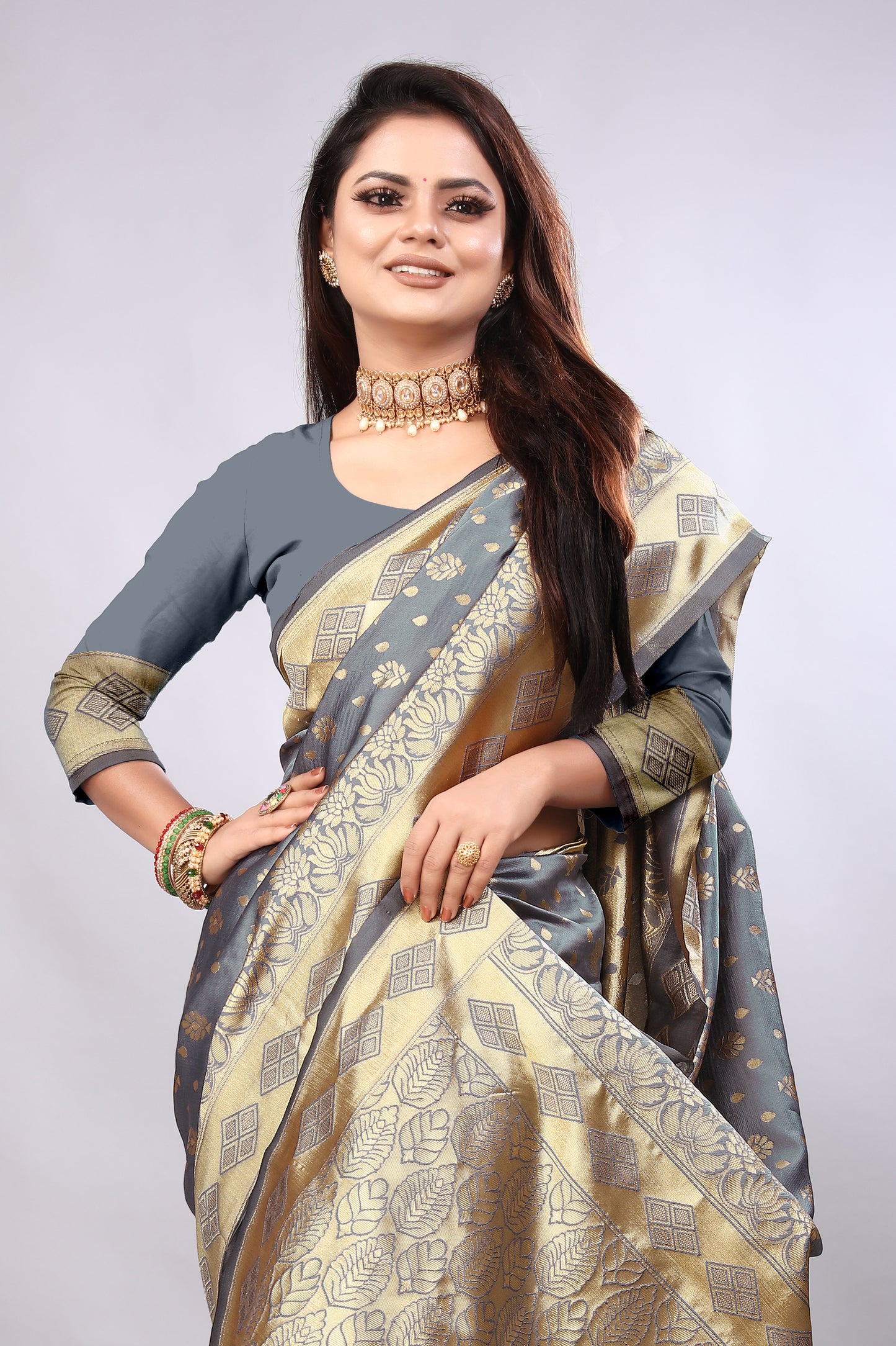 Delightful Exclusive Attractive Designer Bollywood Saree For Women Soft Lichi Silk saree with Rich Pallu & Meenakari with Weaving  Border ( Gold Chaki - Grey )