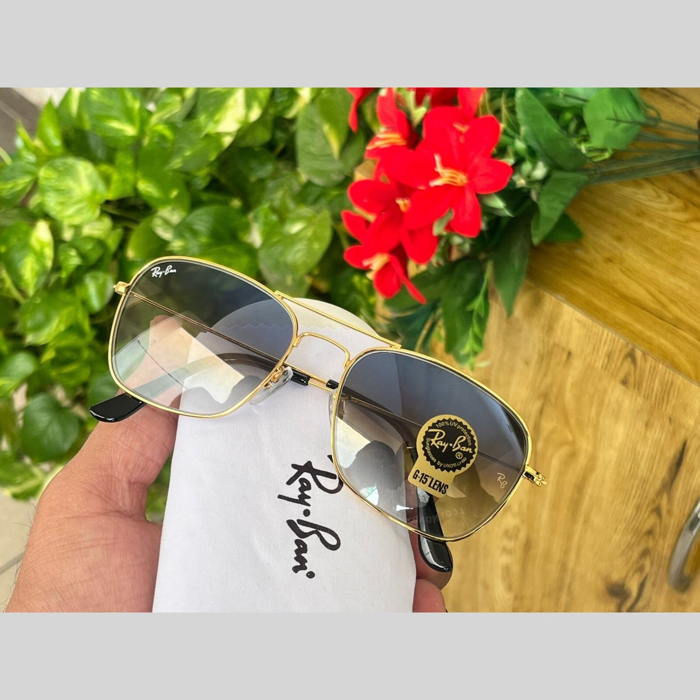 RAY-BAN New Attractive Blue Shaded & Gold 3136 Square Aviator Style Sunglass For Unisex