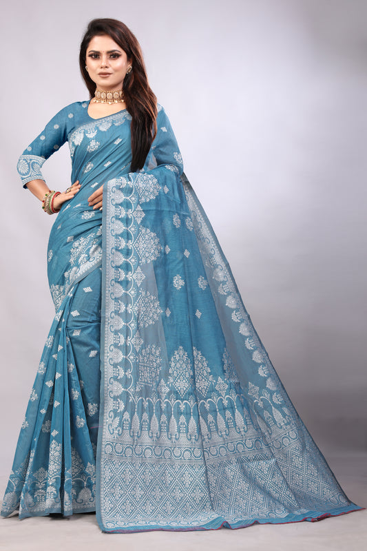 Delightful Exclusive Attractive Designer Bollywood Saree For Women Soft Lichi Silk saree with Rich Pallu & Meenakari with Weaving  Border ( Rapair Flower - Blue )