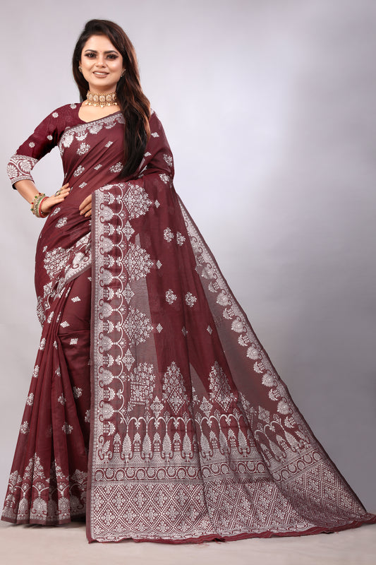 Delightful Exclusive Attractive Designer Bollywood Saree For Women Soft Lichi Silk saree with Rich Pallu & Meenakari with Weaving  Border ( Rapair Flower - Brown)