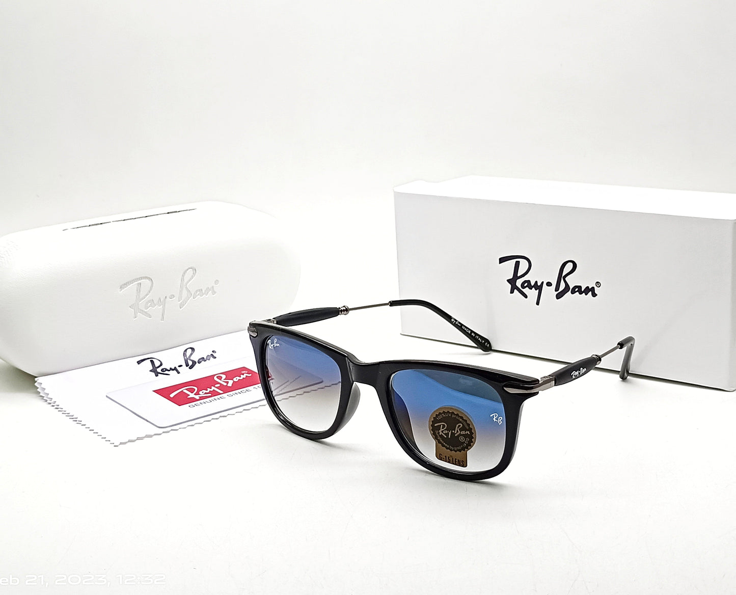 RAY-BAN Blue Shade & Black 2148 Square Metal Trendy Hot Favourite Wintage Sunglass For Unisex.