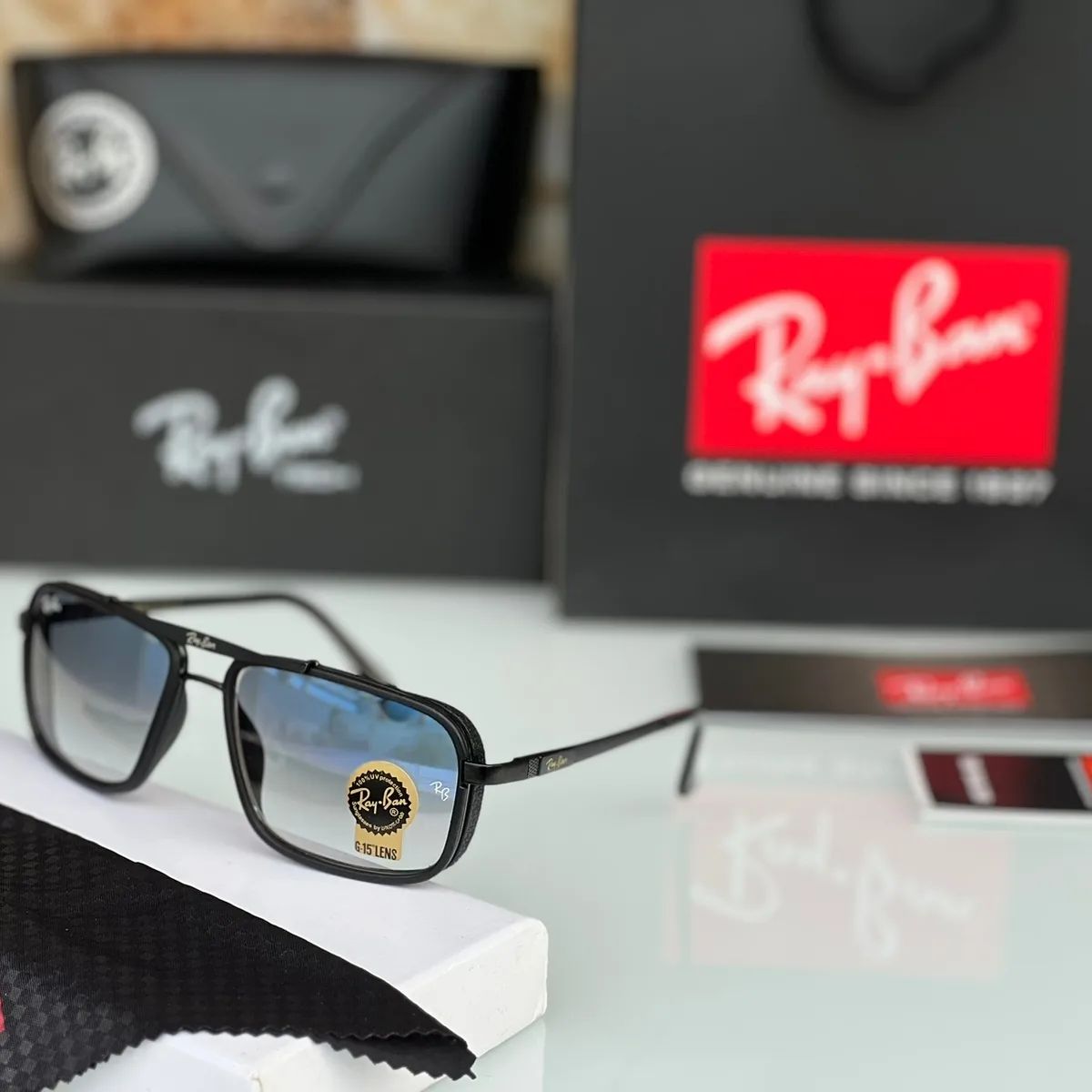 RAY-BAN Blue Shade & Black 4413 Square Side Cap Trendy Hot Favourite Wintage Sunglass For Unisex.